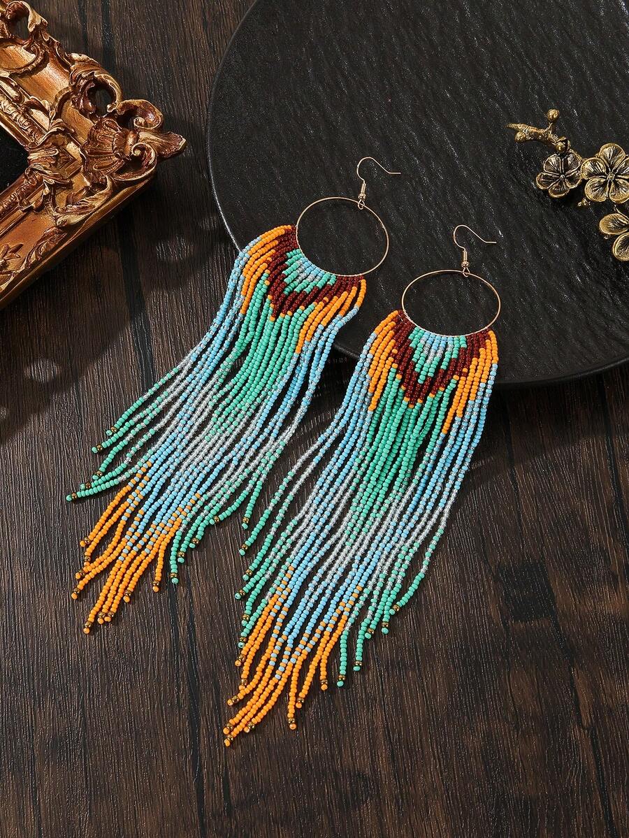 1 Pair Handmade Beaded Earrings, Bohemian Style Brown Blue Orange Gradient Beaded Tassel Earrings, Round Hoop Earrings, Shoulder-Length, Personalized Fashion Accessory, Suitable For Daily Wear, Vacation, Party, Mori Style Handmade Earrings, Elegant - Black and Blue Tassel Style - View 1