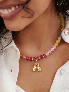 1pc Bohemian Style Colorful Beaded Gemstone Necklace, Bubble Letter Pendant Necklace, Natural Gemstone, Handmade Jewelry Gift - Multicolor - View 3