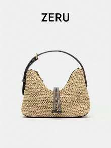Spring/Summer New Women's Mini Handmade Woven Bucket Bag With Zipper, Handheld And Crossbody - Apricot - View 1