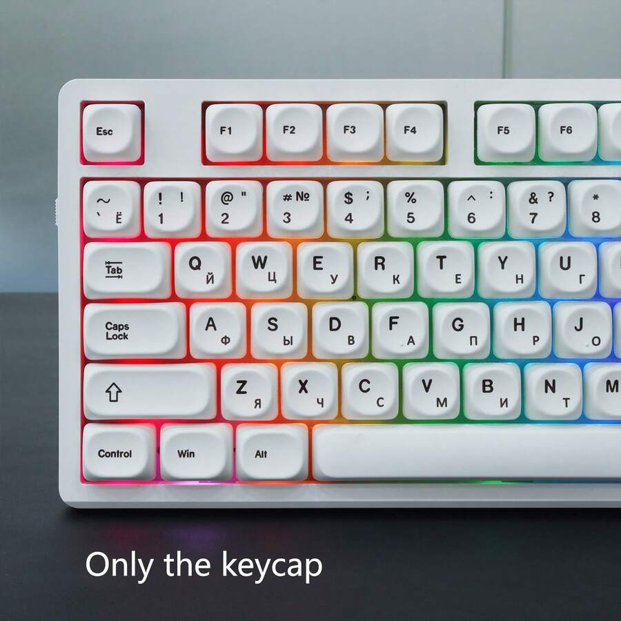 PBT Material White Keycaps, MOA Height, Rounded Shape, Cyrillic Letter Characters, 6.25U Space Bar, Compatible With MX Switches (Keycap Set Only)