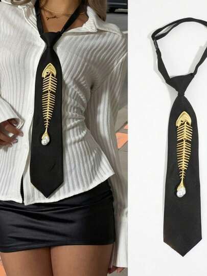 1 pieza Corbata preatada negra de gran tamaño con decoración de espina de pescado estilo Y2K para mujer, adecuada para camisas, uniforme JK, estilo académico, ceremonia de graduación