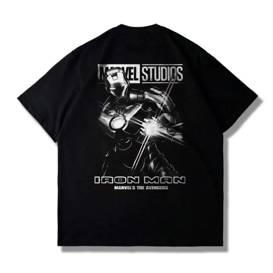 Disney 2026 New Summer Marvel Studios Tony Stark Portrait T-Shirt Men Vintage Black Cotton Short Sleeve Casual Tee - 2 - 查看 1