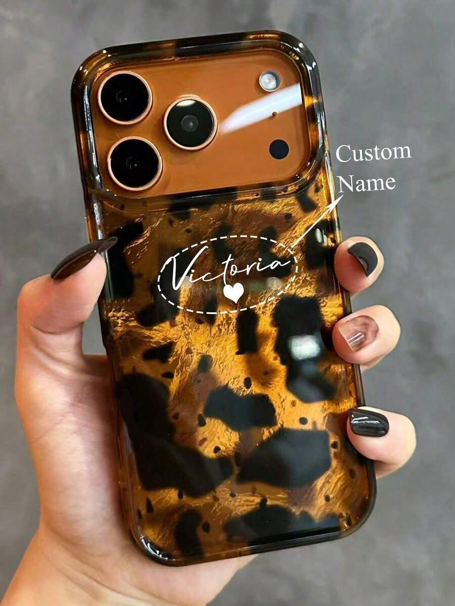 Personalized Engraved Name Luxury Leopard Print Shell Texture Phone Case Compatible With IPhone 17ProMax 17Pro 17Air 17 16 15 14 Plus 13 12 Pro Max 11 Stylish Shockproof Back Cases - Brown - View 1