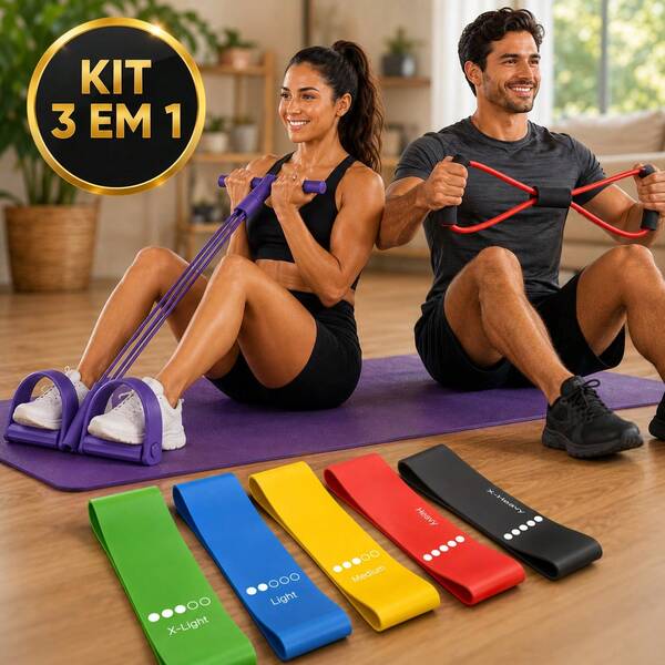 Kit Fitness Em 1 Com 5 Faixas Elásticas + Corda De Resistência + Pedal Elástico Exercitador Extensor Para Treino Em Casa Academia Pilates Yoga Alongamento Glúteos Braços Pernas Abdômen Exercício Funcional Portátil Unissex Musculação Fisioterapia Crossfit