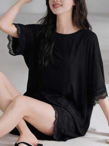 2pcs/Set Women's Pajamas Homewear Set, Lace Patchwork Solid Color Short Sleeve Shorts, Comfortable For Home, Easy Care Fabric - Black - View 7