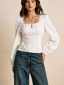 Blusa de mujer de unicolor con cuello cuadrado, mangas farol y entredós de encaje ajustada - Azul marino - Ver 5