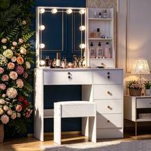 Makeup Vanity Table And Stool Set With LED Sliding Mirror, Drawers, Shelves - Makeup Dressing Table With Mirror And Stool, Makeup DeskVanity Dressing Table Drawers And Stool Set Desk With LED Lights Mirror - White - View 5