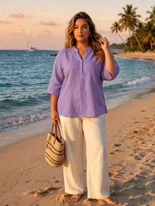 Plus Size Casual Loose Fit Embroidered Women Top, Spring/Summer - Purple - View 2