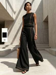 Women's Modest Boho Two-Piece Outfit Sleeveless Round Neck Cropped Blouse  Long Wide Leg Pants With Contrast Piping In Woven Fabric For Spring Outings - Black - View 2