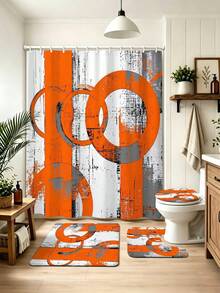 1/4pcs Modern Abstract Orange & Grey Bathroom Set, Suitable For YLTZ Products - Includes Shower Curtain, Bath Mat, U-Shaped Mat, Toilet Lid Cover And 12 Hooks, Size 70.87x70.87 Inches, Polyester Fiber Waffle Weave Machine Washable Decorative Set, Shower Curtain, Waffle Bath Curtain, Hook-Free Bath Curtain - Multicolor - View 5