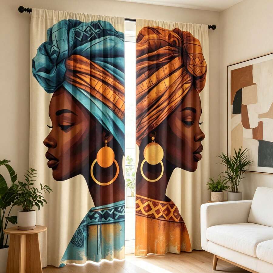 2pcs African Women Print Blue And Orange Headscarf Pattern High-Definition Digital Print Decorative Curtains, Translucent Polyester Material, Fade-Resistant. Suitable For Home Curtains, House Curtains. Hand Washable And Machine Washable, Rod Pocket Hanging, Suitable For Bedroom And Living Room Decoration, Home Decor Curtains
