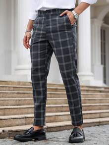 Tapered Fit Men's Plaid Casual Long Pants - Black - View 7