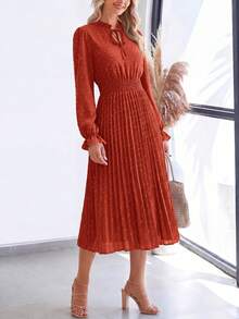 PRETTYGARDEN Women's Spring Fall Midi Dress Casual Long Sleeve V Neck Swiss Dot Pleated A Line Flowy Dresses New Years Party Valentine Vacation Dresses For Women - 磚紅色 - 查看 4