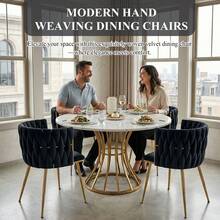Modern Velvet Dining Chairs Set Of 2 Hand Weaving Accent Chairs Living Room Chairs Upholstered Side Chair With Golden Metal Legs For Dining Room Kitchen Vanity Living Room - 黑色 - 查看 3