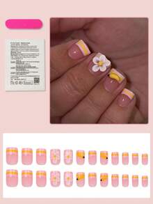 24 pezzi Unghie finte quadrate corte da applicare rosa nudo con fiore 3D, ciondolo a banana & accento francese a righe, lucide, copertura completa per donne e ragazze - Multicolore - Visualizzare 2
