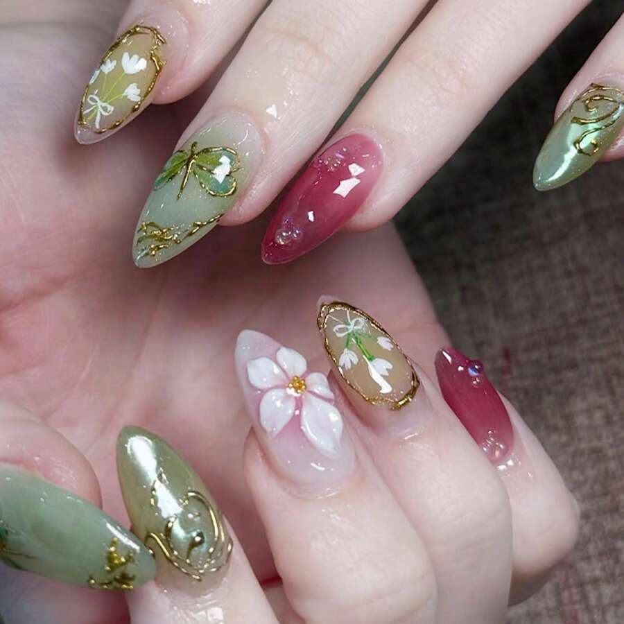 24片Y2K風格銀色壓花美甲貼紙,3D金屬漩渦假指甲,杏仁形可重複使用美甲貼花,適合女性 - 銀色 - 查看 1