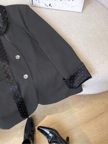 Black Polka Dot Blazer, V-Neck With Satin Detail And Large Pockets, Suitable For Work, Party And World Cup Occasions, Women's Versatile Commuter Fashion Jacket - Grey - View 7