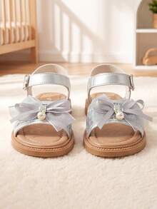 Hot Selling Style - 3-12 Years Old Girls Silver Sandals. Mesh Design With Double Bows And Rhinestone Pearls. Vintage Fairy Style. - Silver - View 4