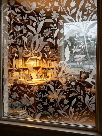 Película de Privacidad para Ventanas con Estampado Floral de Loto Gris Vintage, Adhesivo Estático sin Pegamento de Fácil Instalación, Cortina Decorativa Semitransparente para Ventanas, Adecuada para Baño y Dormitorio