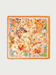 1pc Floral Print Casual Polyester 70cm Square Scarf, Suitable For All Seasons Decoration - #2 Orange Trim - View 3