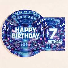10/20/40pcs 6/7 Number Neon Cyberpunk Style Disposable Paper Plates, 6th/7th Birthday Party Decorations - 6 7Meme - View 5
