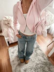 Women's Pink Knitted Short Zip-Up Hoodie Long Sleeve Sweater, Essential Casual Wear For Spring. - Pink - View 8