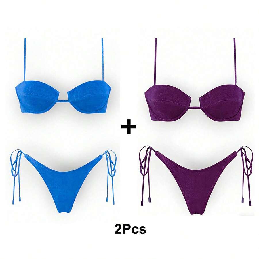 Women's Glossy String Bikini Set Soild Swimsuit Women's Fashion Bikini Green Halter Sport Swimsuit Beach Vacation Low Cut Shiny - 藍+紫 - 查看 1