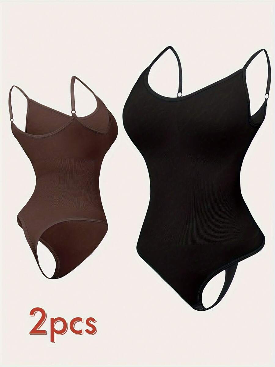 2Pcs High Waist Tummy Control Thong Bodysuit Figure - 多色 2 - 查看 1