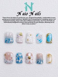 NAIO 10片/組手工穿戴式假指甲，3種尺寸：棺材形/杏仁形/短方型，Y2K海洋風，藍色貓眼美甲搭配3D貝殼與花卉設計，金色與珍珠裝飾，適合女性與女孩，日常使用與派對，女士美甲禮物首選 - 彩色 - 查看 15