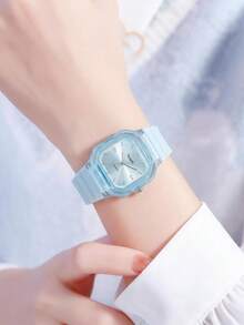 1 件女士休闲实惠方形简约硅胶表带石英腕表，适合日常佩戴 - 藍色 - 查看 6