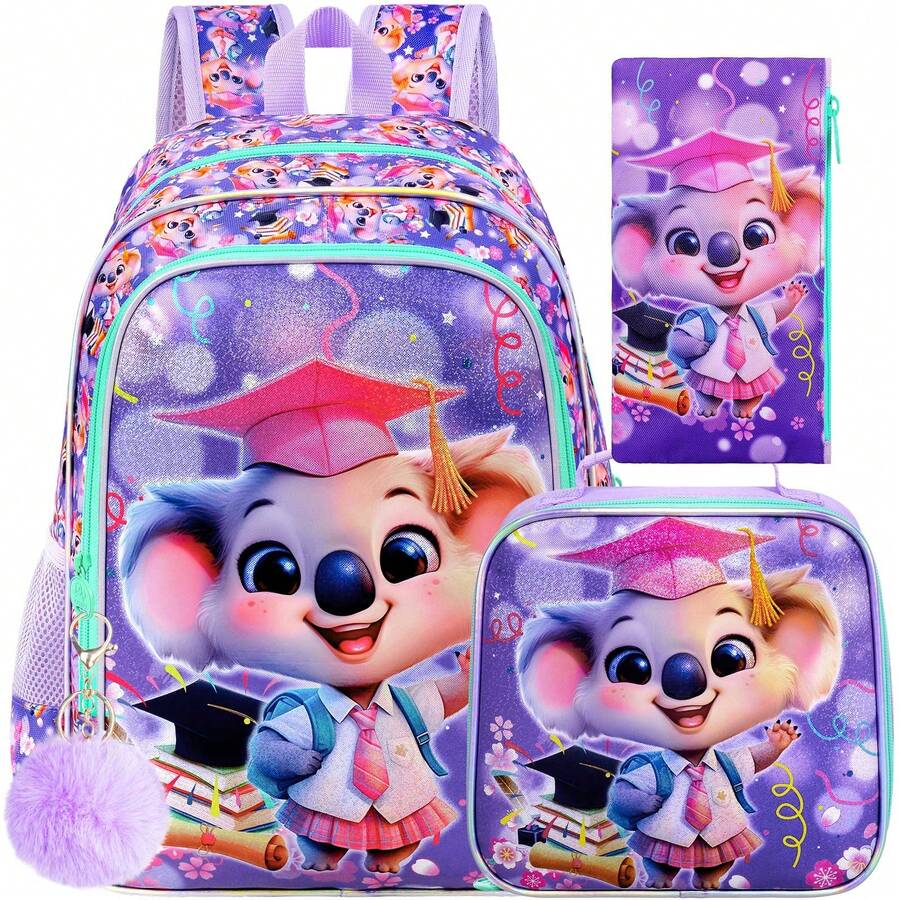 3Pcs Kids Cute Graduation Koala Print School Bag Combo, With Insulated Lunch Box, Pencil Pouch & Pom Pom For Girls Elementary - Purple - View 1