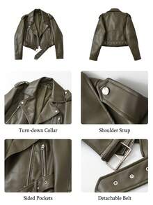 Women's Solid Color Minimalist Casual Zip-Up Short Jacket - Army Green - View 6