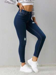 Pantalon De Mezclilla Dam, Jeans ajustados de cintura alta elásticos azules de moda para mujer, Pantalones vaqueros de mezclilla vintage rotos ajustados de corte slim,Suave y cómodo - 2045 - Ver 4
