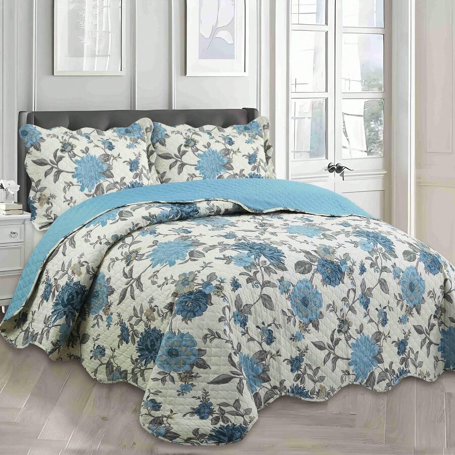 3-Piece Set: Double-Sided Queen Bedspread, Patchwork Quilt, Ultra Patch - 花之黎明 - 查看 1