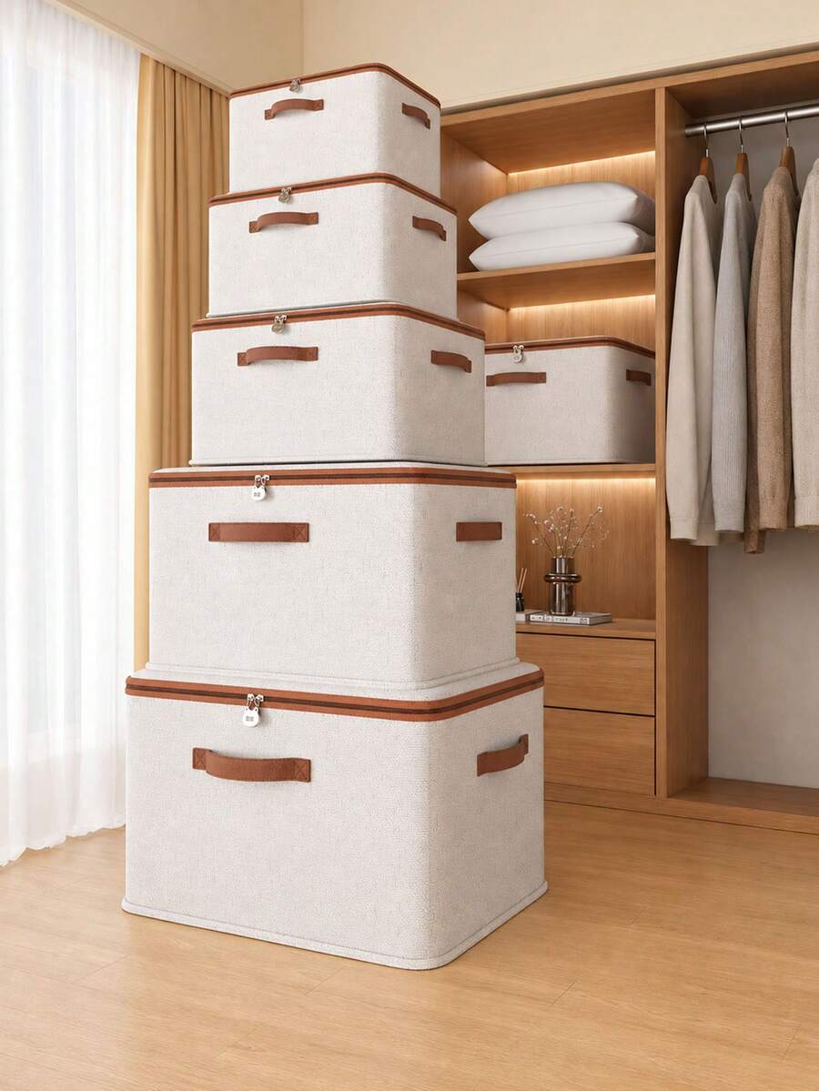Linen Fabric Storage Boxes With Zipper Lid, Foldable Closet Storage Containers For Bedding, Clothes, Towels And Toys - Multicolor - View 1
