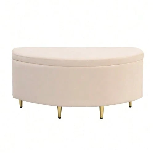 Upholstered Bench With Storage, Upholstered Bench With Velvet Storage Box, Footstool With Metal Legs, Suitable For Hallway, Living Room, Bedroom, 90 X 40 X 42 Cm - 米色 - 查看 1