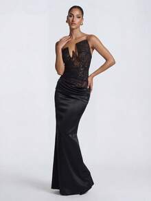 Women's Black Sexy Lace Sequin Patchwork Backless Criss-Cross Tie Ruffle Mermaid Party Evening Dress Wedding - Black - View 4