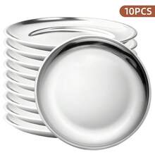 Set Piring Makan Stainless Steel Tahan Lama 1/5/10 Buah, Piring Logam Anti Pecah yang Dapat Digunakan Kembali, Piring Saji yang Dapat Ditumpuk untuk Santapan Sehari-hari, BBQ, dan Aktivitas Luar Ruangan - Perak - View 1