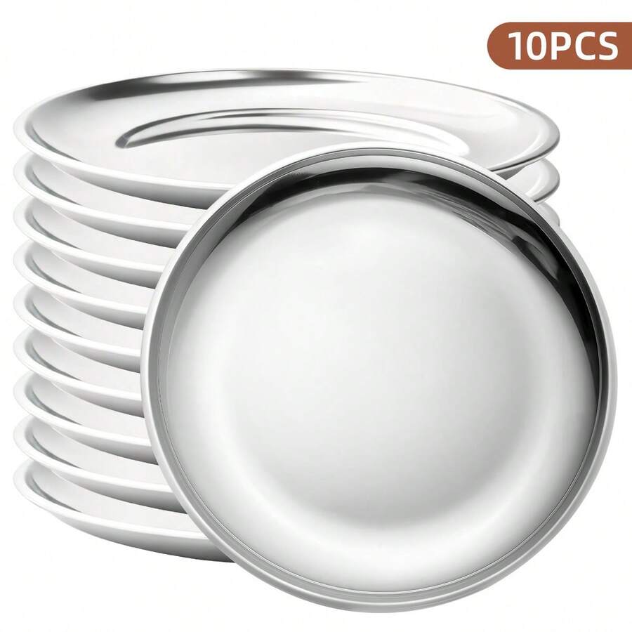 Set Piring Makan Stainless Steel Tahan Lama 1/5/10 Buah, Piring Logam Anti Pecah yang Dapat Digunakan Kembali, Piring Saji yang Dapat Ditumpuk untuk Santapan Sehari-hari, BBQ, dan Aktivitas Luar Ruangan - Perak - View 1