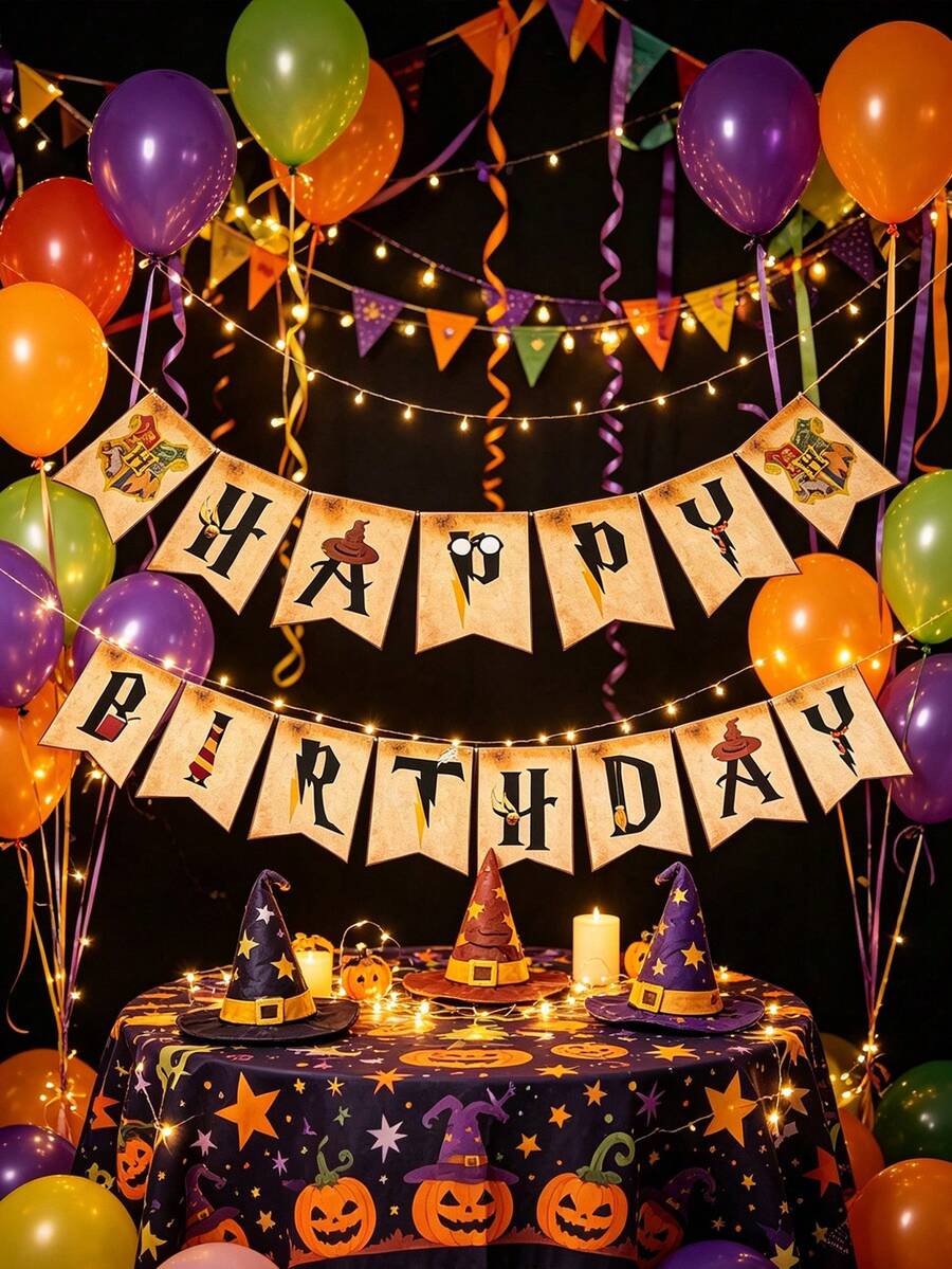 Pancarta con temática de Harry Potter, que combina elementos de las casas y deseos de cumpleaños, con textura vintage inspirada en escenas de la película, reutilizable, adecuada para la decoración de la fiesta de cumpleaños de un fan - Multicolor - Ver 1
