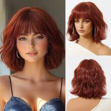 12 Inch Short Wavy Bob Wig, Classic Wine Red Water Wave Bob Wig With Bangs, Heat Resistant Natural Look, Suitable For Daily Wear, Party, Cosplay - Burgundy - View 12