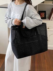 1pc Women's Bag 2026 New Style Black Glitter Embroidery Tote Bag Large Capacity Commuter Shoulder Bag Korean Ins Style Premium Versatile Casual Bag - Black - View 3