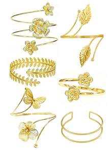 6 Stücke Set exquisite Blumen-Serie Metall-Armreifen, verstellbare Sommer-Blumen-Schmetterling-Blatt-vielseitige Armbänder, einzigartiges geschichtetes Design, geeignet für den täglichen Gebrauch, Zusammenkünfte, Partys, Geschenke - 6 Stück Gold-1 - Übersicht 11