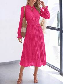 PRETTYGARDEN Women's Spring Fall Midi Dress Casual Long Sleeve V Neck Swiss Dot Pleated A Line Flowy Dresses New Years Party Valentine Vacation Dresses For Women - 玫瑰粉 - 查看 3