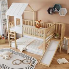 Bunk Bed With Right-Angled Ladder And Slide, House Bed With Roof And Window, With Fall Protection And Railing, Pine Frame, Natural+White (90x200cm) - Natural - 查看 5