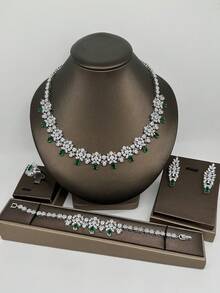 5pcs/Set. Bride Jewelry Set Luxury Women's Wedding Party White Red Green Cubic Zirconia Necklace Earrings Bracelet Ring 4pcs Set Evening Party Jewelry, Mother's Day Valentine's Day Gift - Green - View 2