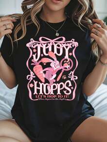 Judy Hopps T-Shirt, Black Cotton Graphic Tee,   Inspired, Pink Bunny Design, Let's Hop To It Slogan, Women's Casual Wear, Perfect For Ea - Black - View 1