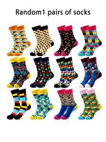 Random/1/5/10 Pairs Colorful Geometric Pattern Mid-Calf Socks, Fun Street Style Breathable Versatile Daily Party Commute Socks, Unisex Fashion Socks Multi-Color Random Mix - Multicolor - View 12