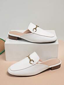 Fall/Winter Metal Decor Snakeskin Flat Mules, White Elegant Pure Metallic Snake Print Mule Heels - White - View 5