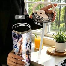 1pc/5pcs 30oz Double Wall Stainless Steel Insulated Tumbler, Music Symbol Pattern, Keeps Cold And Hot Temperatures. Comes With Leak-Proof Lid, Straw And Portable Handle, Suitable For Coffee And Water, Travel Use, Music Theme Gift For Music Lovers. - White - Guitar - View 7